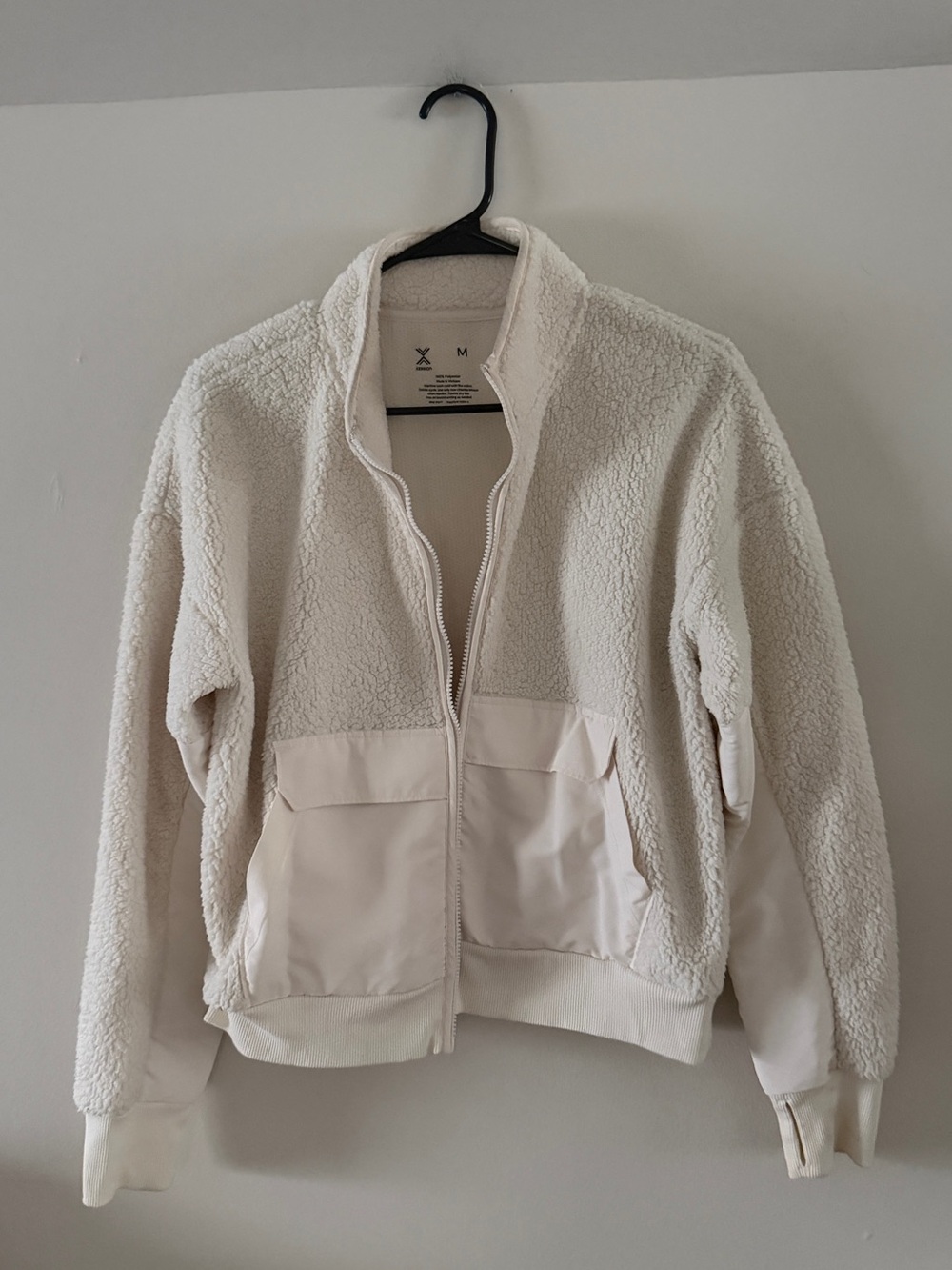 Cream Sherpa Zip-Up Jacket with Pocket Panels